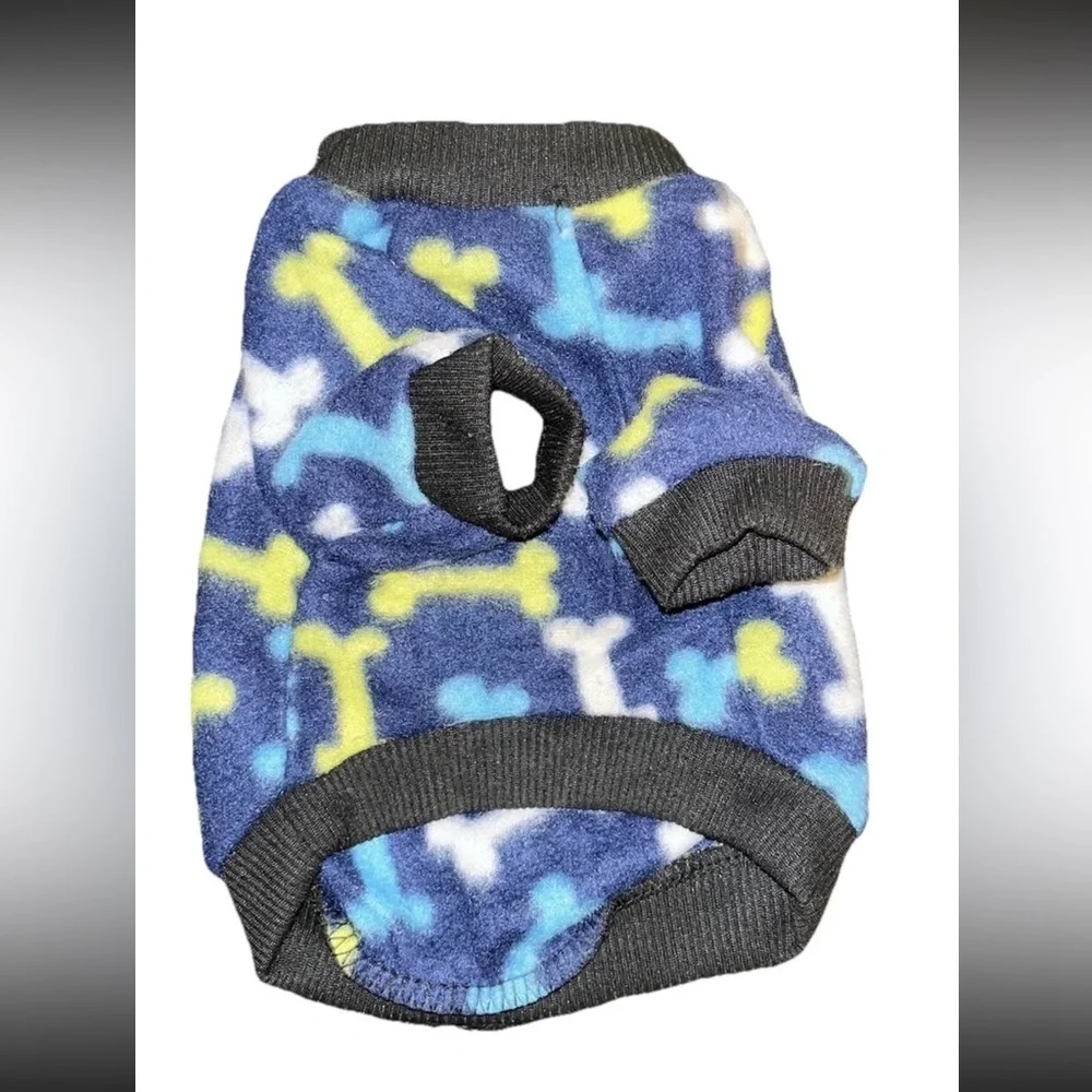 Puppy Fleece Sweater Blue, White & Yellow Bone Pattern XS